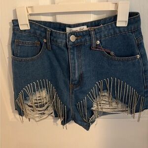 Rhinestone fringe denim shorts